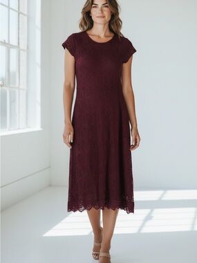 DE Collection Wine Lace Cap-Sleeve Midi Dress Art Deco Knit